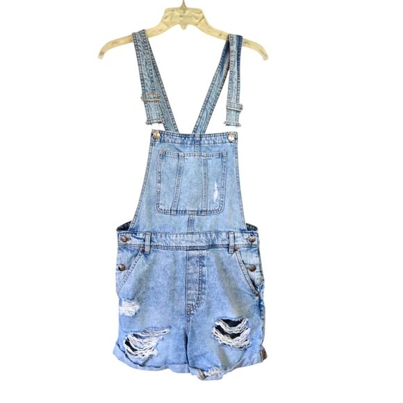 Denim Distressed Overalls H&M Divided Size 8 Adjustable Straps Jumpsuit Shorts - Picture 1 of 10